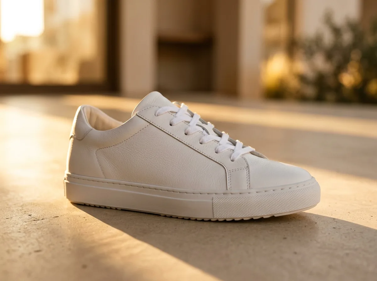 Basket femme blanche en cuir pleine fleur sur fond neutre